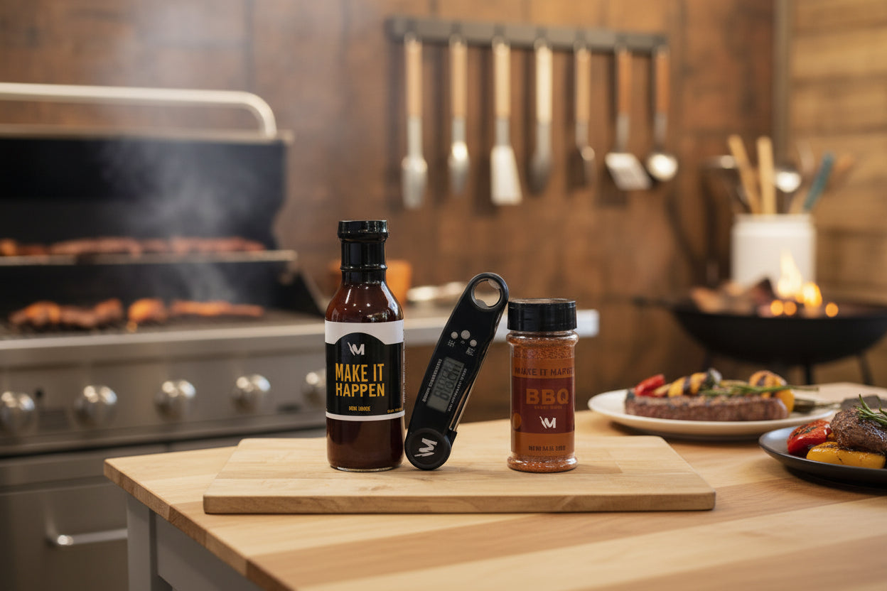 Two bottles of 'Make It Happen' seasoning and a digital thermometer on a wooden surface.