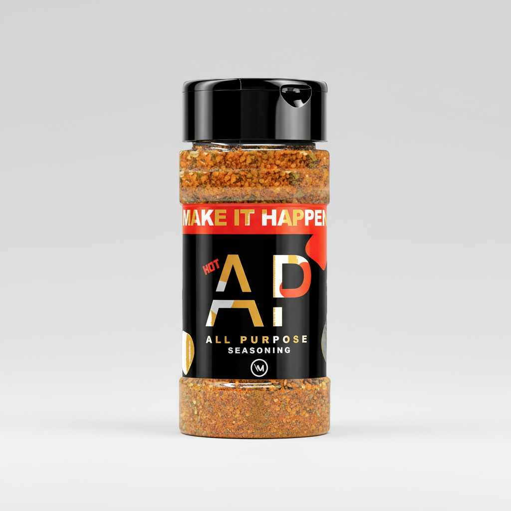 A bottle of 'Make It Happen Hot AP Seasoning, 5 oz' with a red and black label, indicating it is an all-purpose seasoning.