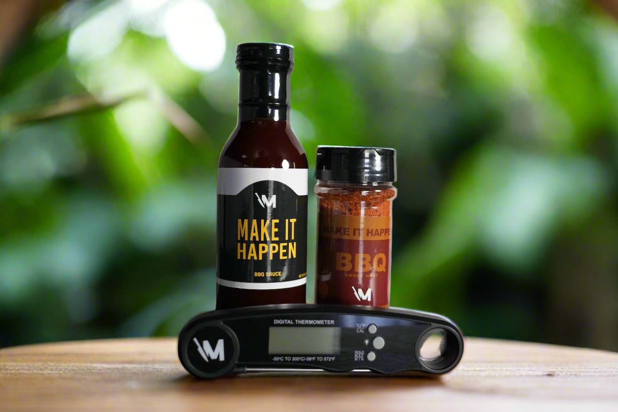 Make It Happen 12.oz Sweet and Spicy BBQ Sauce, Sweet Heat BBQ Seasoning, and Digital Food Thermometer for $25