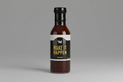 Barbecue sauce bottle with 'Make It Happen' label on a white background