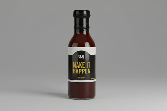 Barbecue sauce bottle with 'Make It Happen' label on a white background