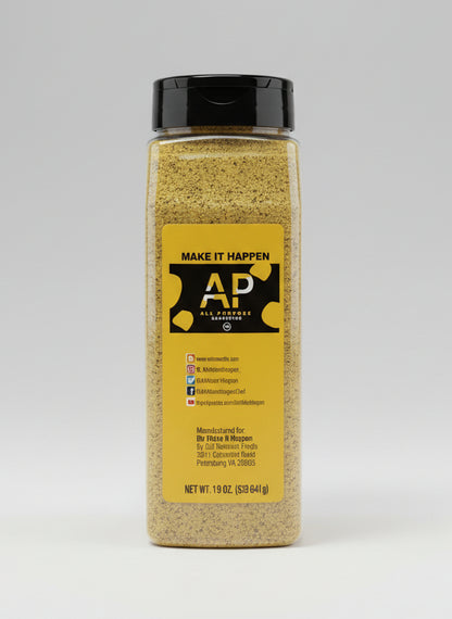Bottle of yellow powder with a black lid on a countertop