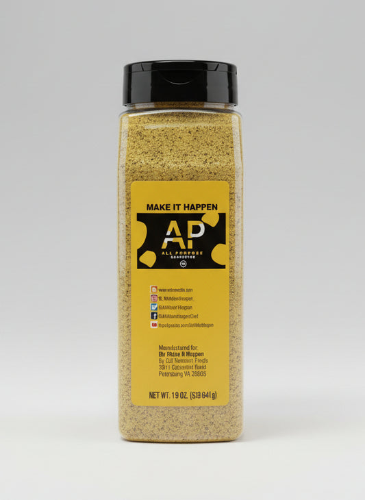 Bottle of yellow powder with a black lid on a countertop