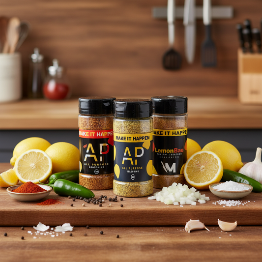 mr make it happen lemon bae, all-purpose seasoning, and hot all-purpose seasoning bottles on a wooden cutting board in a kitchen surrounded by ingredients such as lemons, onions, garlic, peppers, spices, etc. 