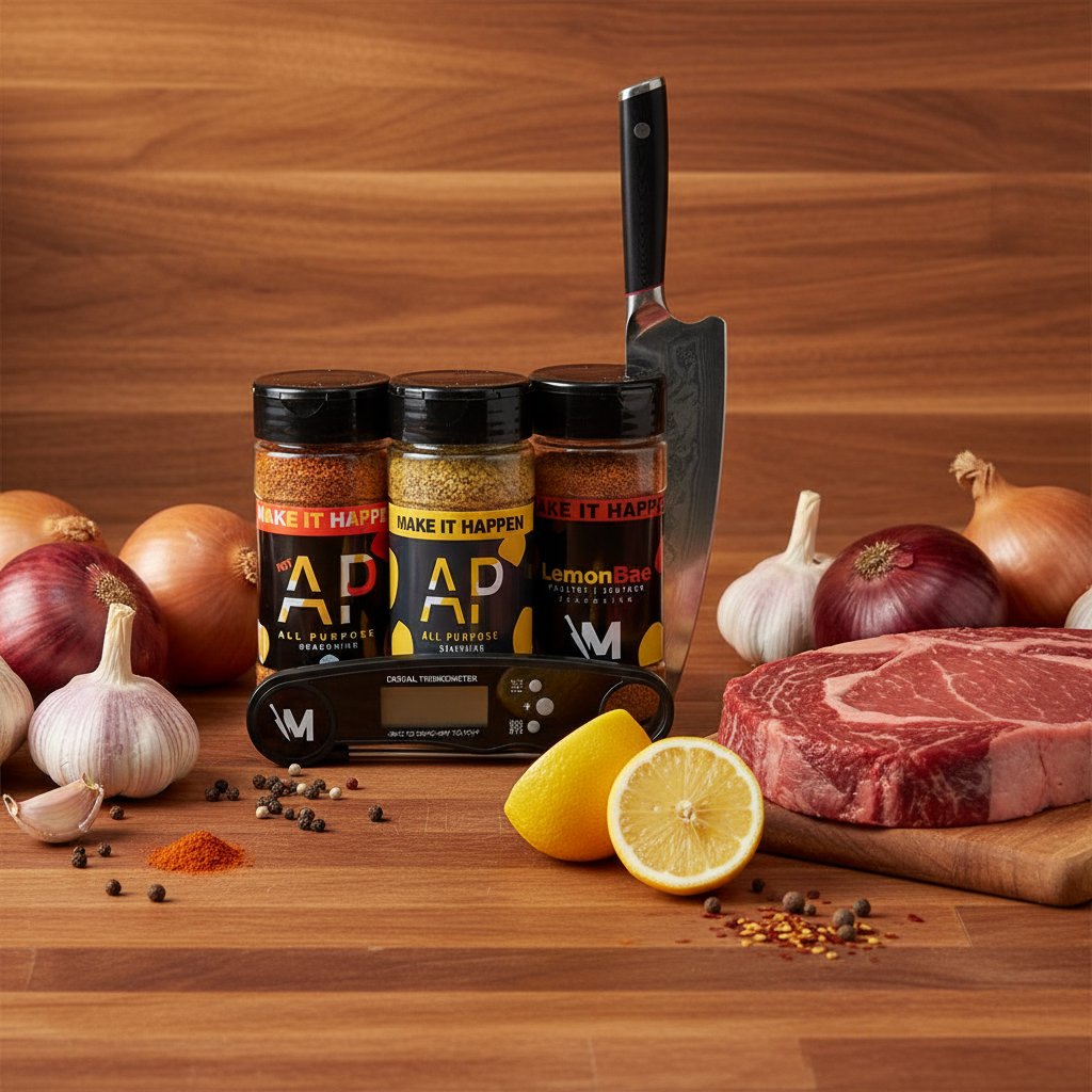 Spices, a knife, and raw meat on a wooden surface with a wooden background